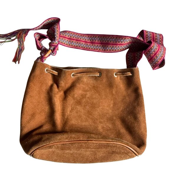 Leather Suede Faja Fabric Strap Shoulder Bag Brown Pink Bohemian Everyday - Picture 8 of 14